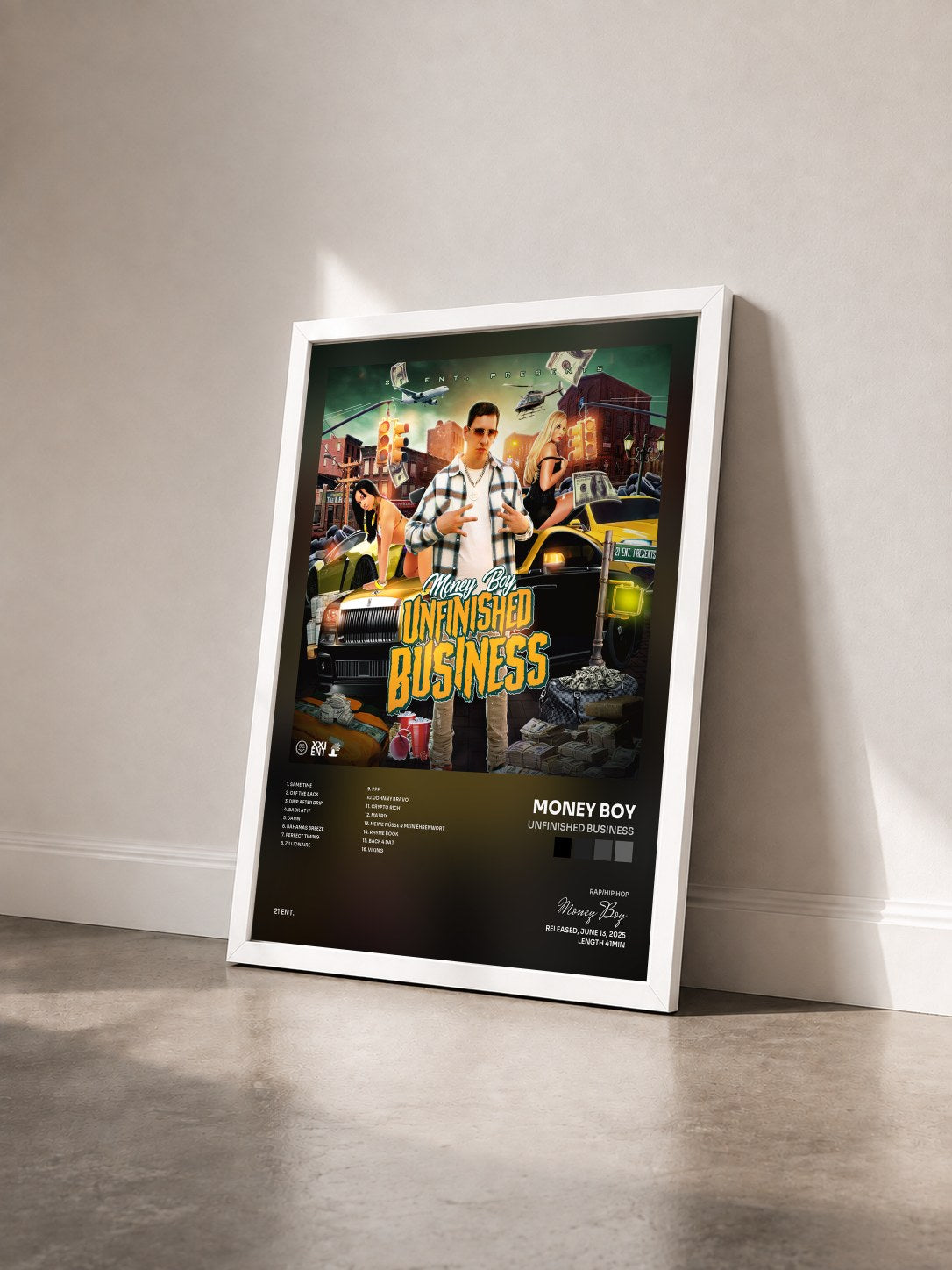 #blanc Tableau de l'album Unfinished Business de Money Boy vu de trois quarts, cadre blanc