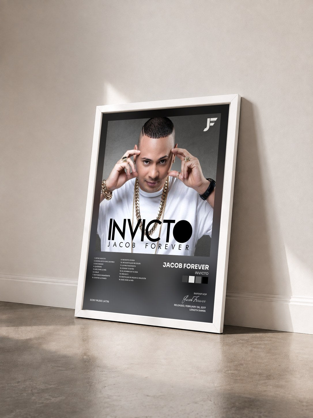 #blanc Tableau de l'album Invicto de Jacob Forever vu de trois quarts, cadre blanc