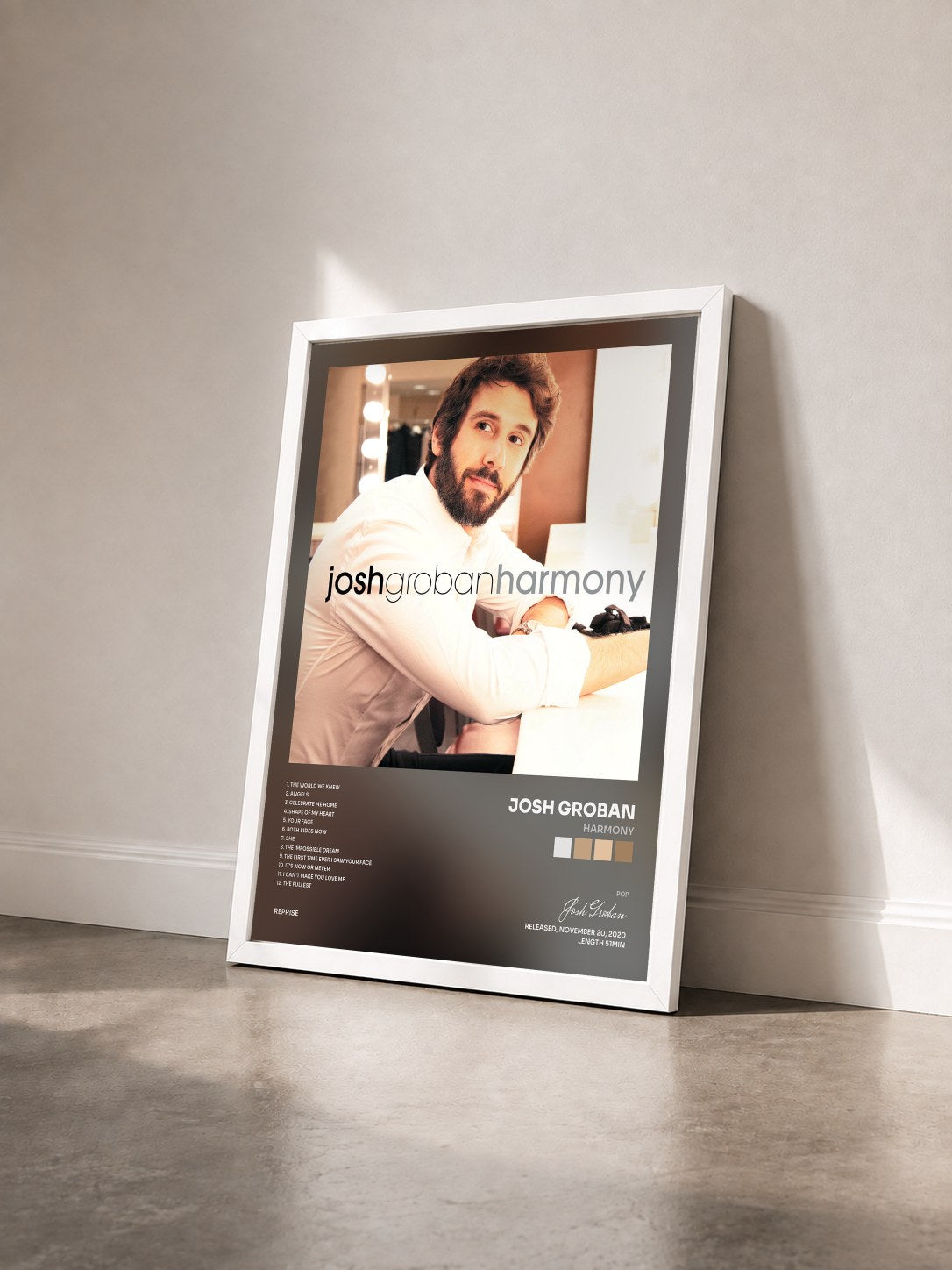 #blanc Tableau de l'album Harmony de Josh Groban vu de trois quarts, cadre blanc