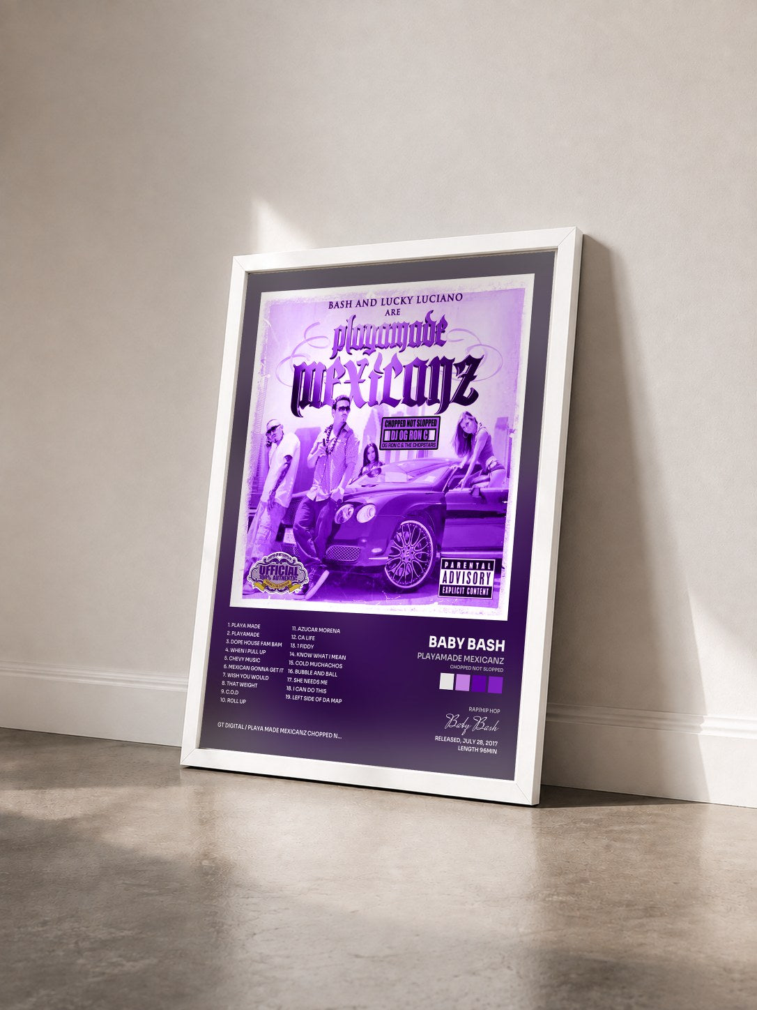 #blanc Tableau de l'album Playamade Mexicanz (Chopped Not Slopped) de Baby Bash vu de trois quarts, cadre blanc