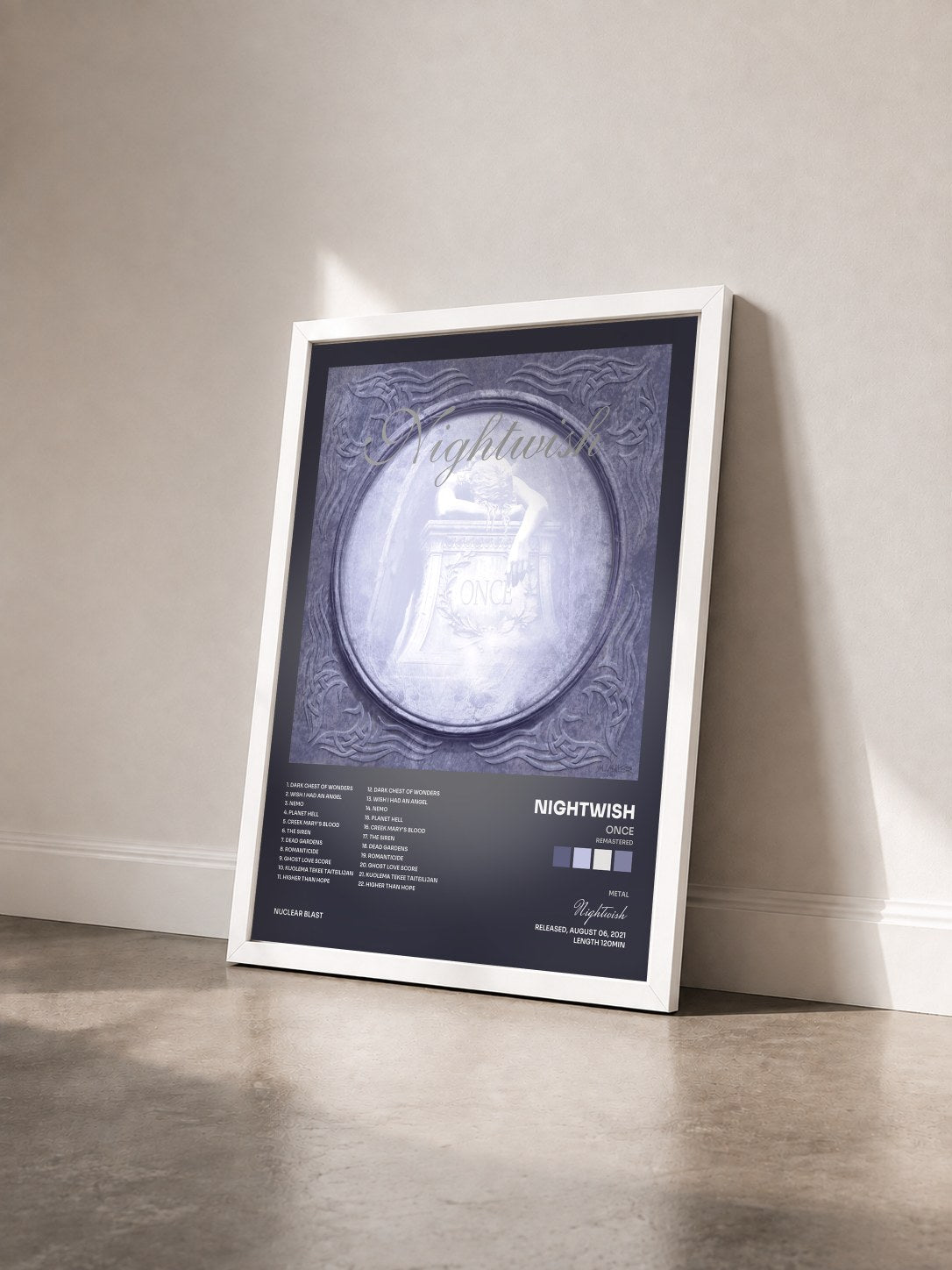 #blanc Tableau de l'album Once (Remastered) de Nightwish vu de trois quarts, cadre blanc