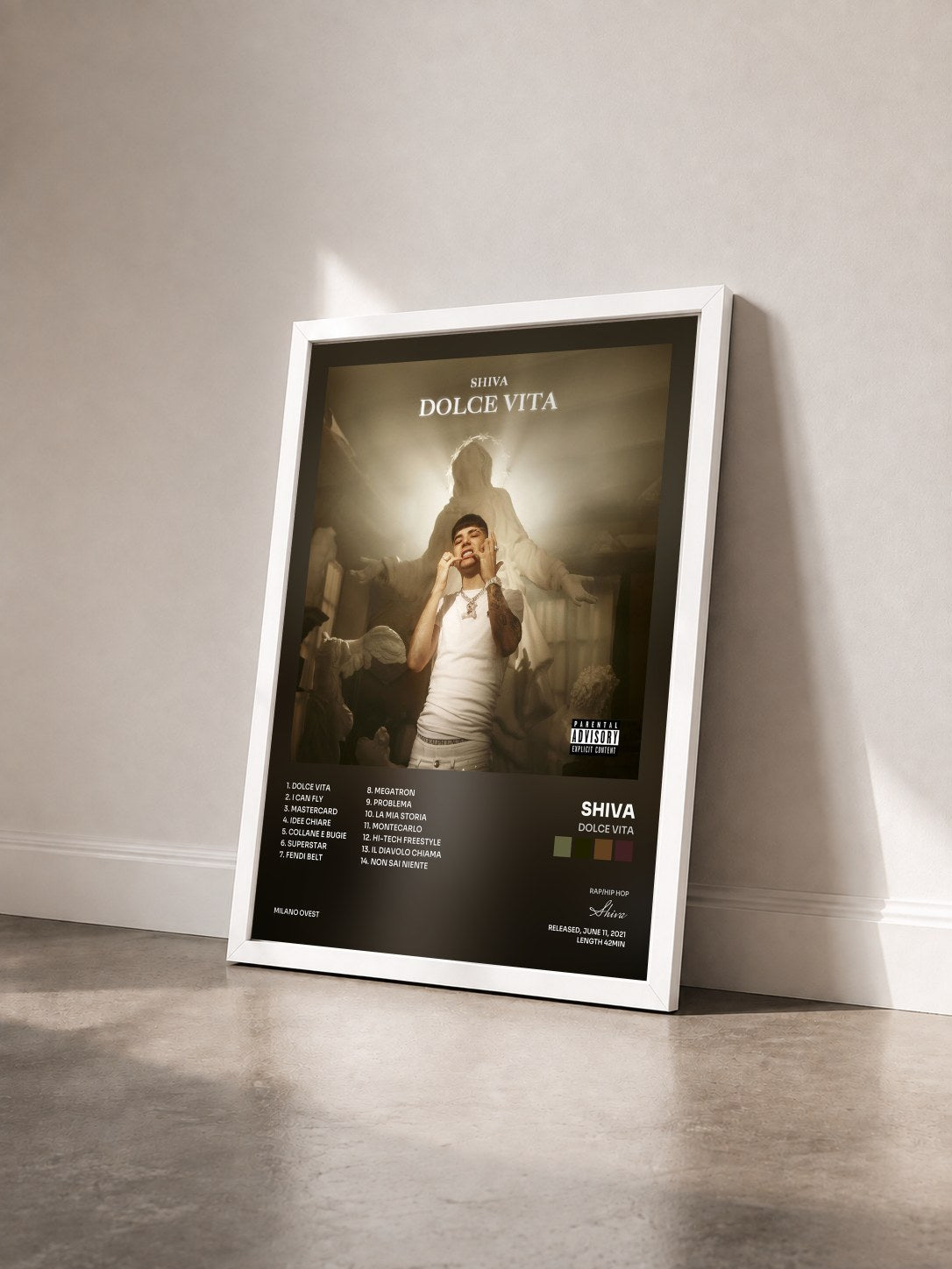 #blanc Tableau de l'album Dolce vita de Shiva vu de trois quarts, cadre blanc