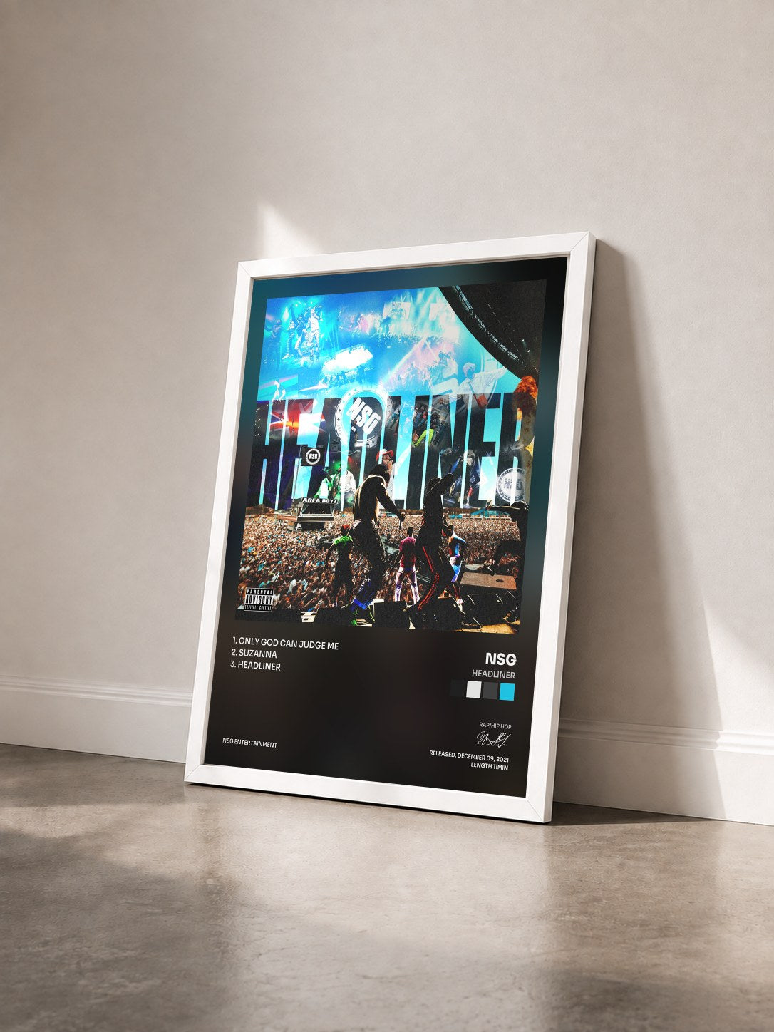 #blanc Tableau de l'album Headliner de NSG vu de trois quarts, cadre blanc