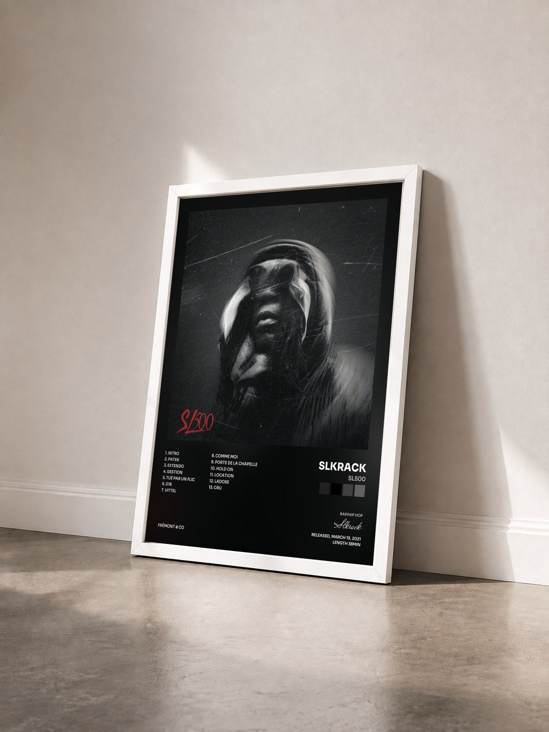 #blanc Tableau de l'album SL500 de Slkrack vu de trois quarts, cadre blanc