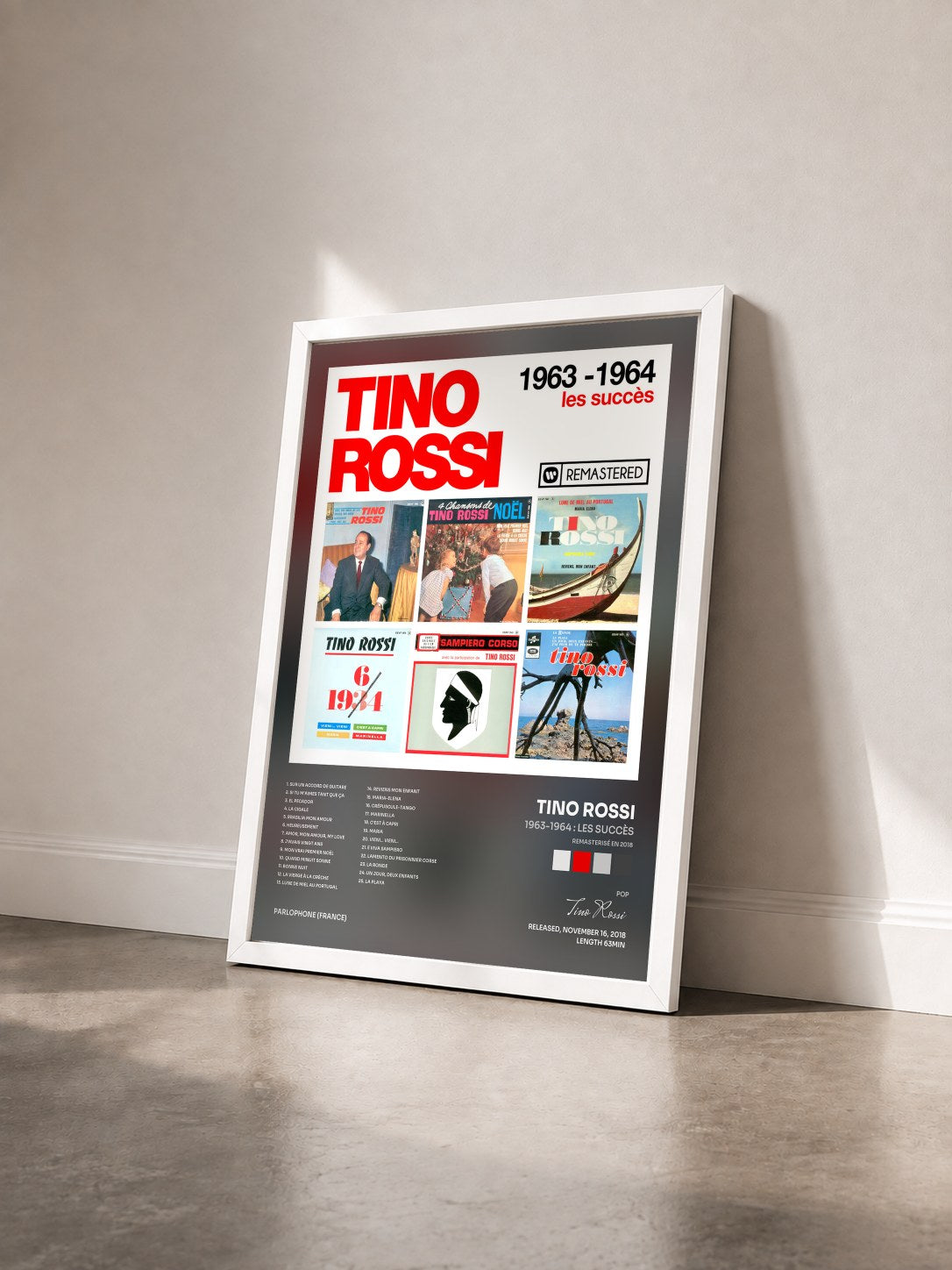 #blanc Tableau de l'album 1963-1964 : Les succès (Remasterisé en 2018) de Tino Rossi vu de trois quarts, cadre blanc
