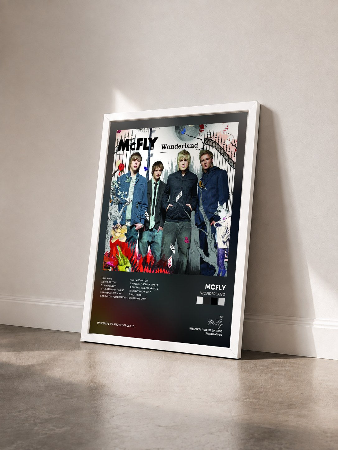 #blanc Tableau de l'album Wonderland de McFly vu de trois quarts, cadre blanc