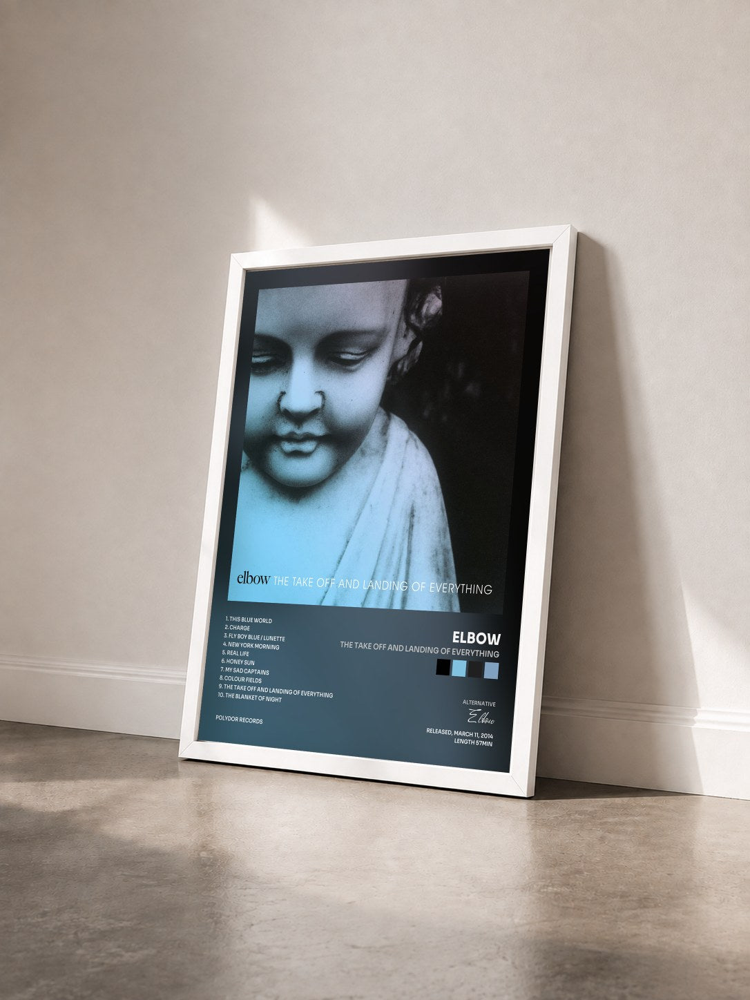#blanc Tableau de l'album The Take Off And Landing Of Everything de Elbow vu de trois quarts, cadre blanc