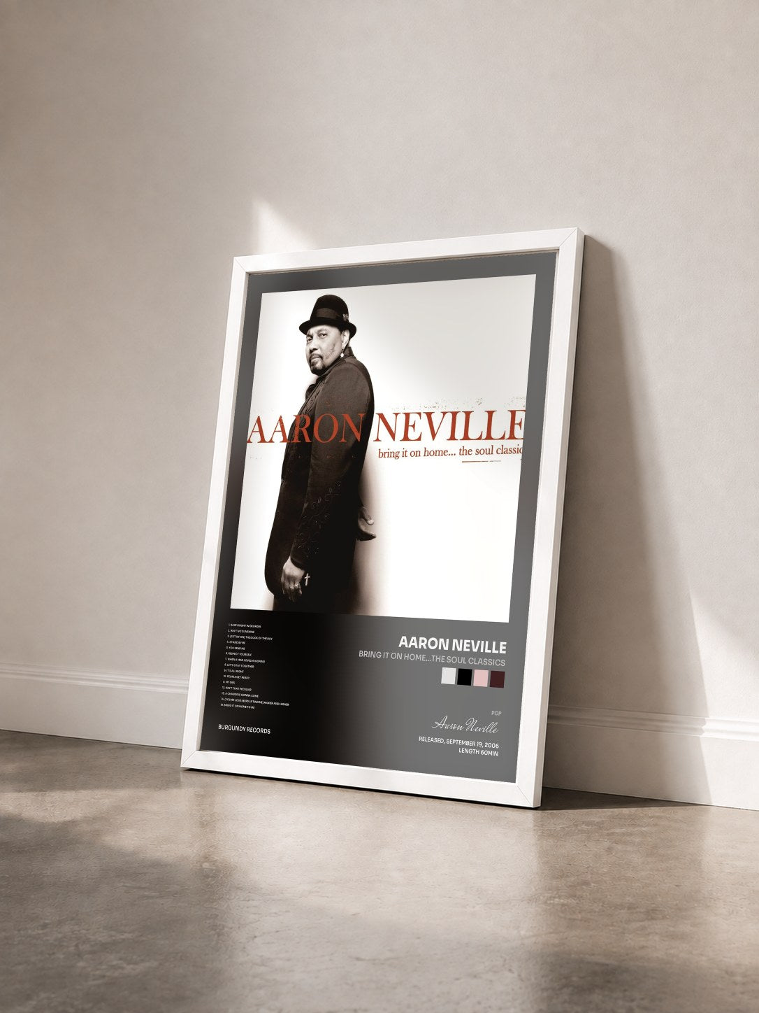#blanc Tableau de l'album Bring It On Home...The Soul Classics de Aaron Neville vu de trois quarts, cadre blanc