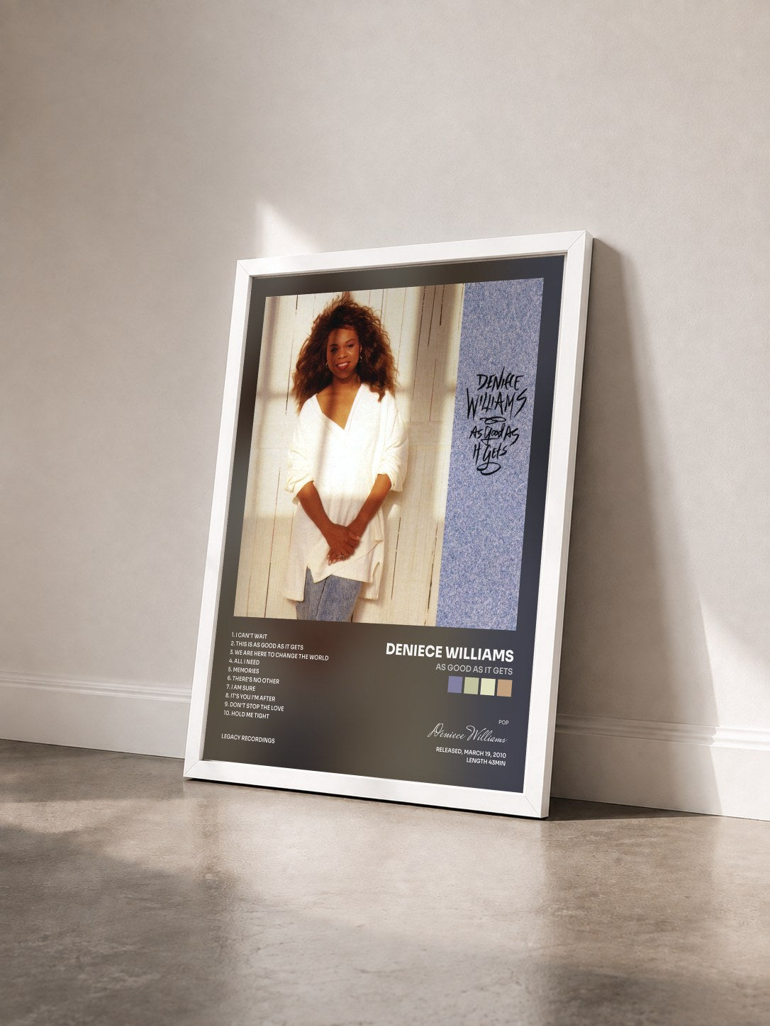 #blanc Tableau de l'album As Good As It Gets de Deniece Williams vu de trois quarts, cadre blanc