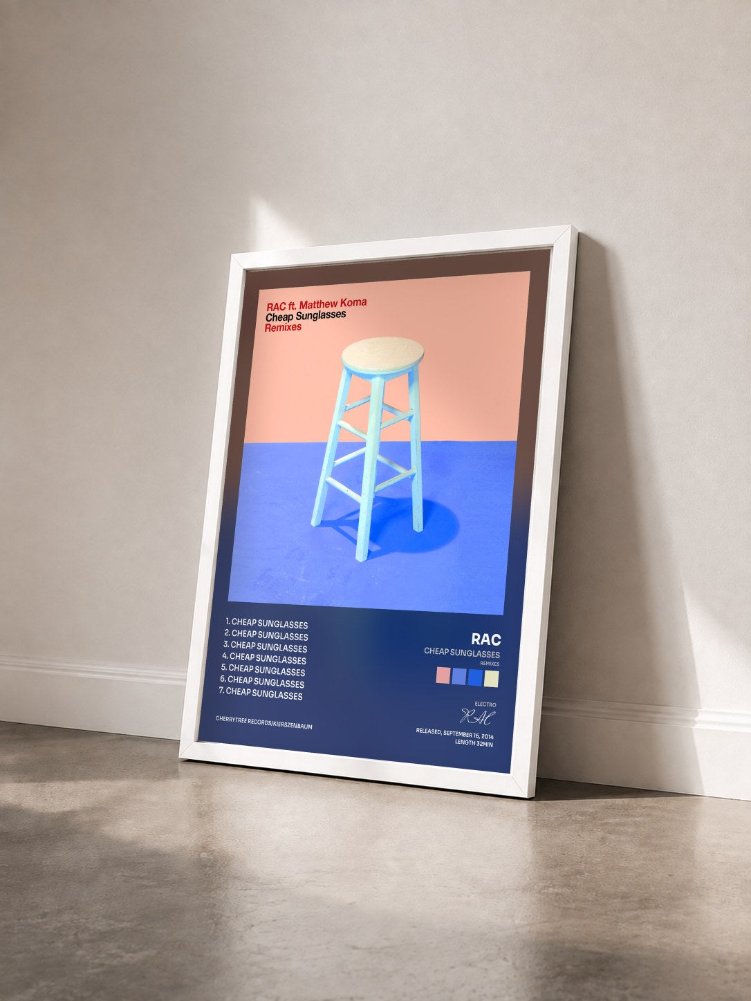 #blanc Tableau de l'album Cheap Sunglasses (Remixes) de RAC vu de trois quarts, cadre blanc
