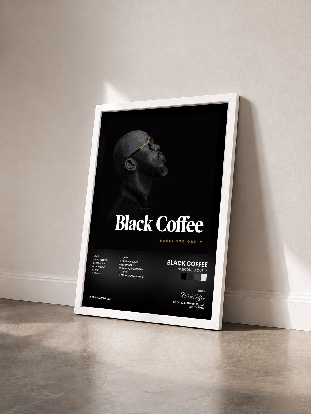 #blanc Tableau de l'album Subconsciously de Black Coffee vu de trois quarts, cadre blanc