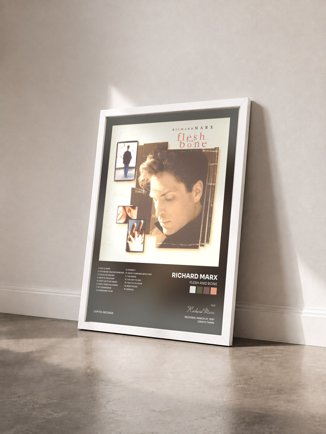 #blanc Tableau de l'album Flesh And Bone de Richard Marx vu de trois quarts, cadre blanc