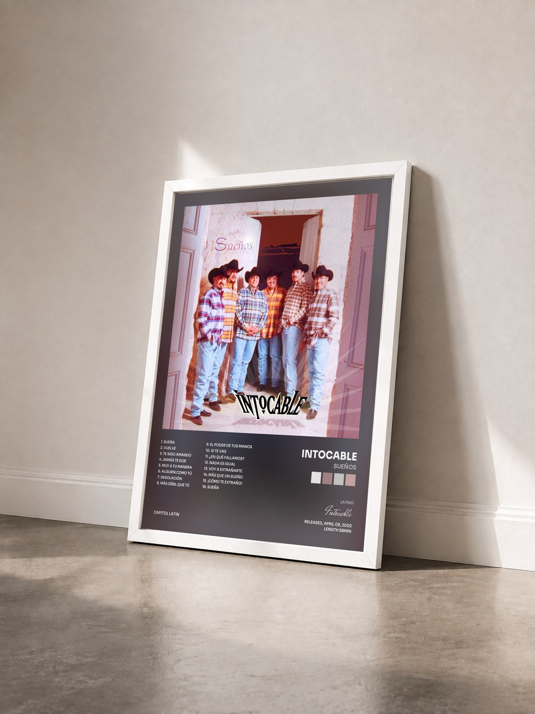 #blanc Tableau de l'album Sueños de Intocable vu de trois quarts, cadre blanc
