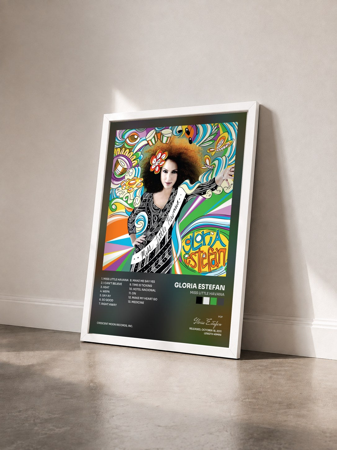 #blanc Tableau de l'album Miss Little Havana de Gloria Estefan vu de trois quarts, cadre blanc