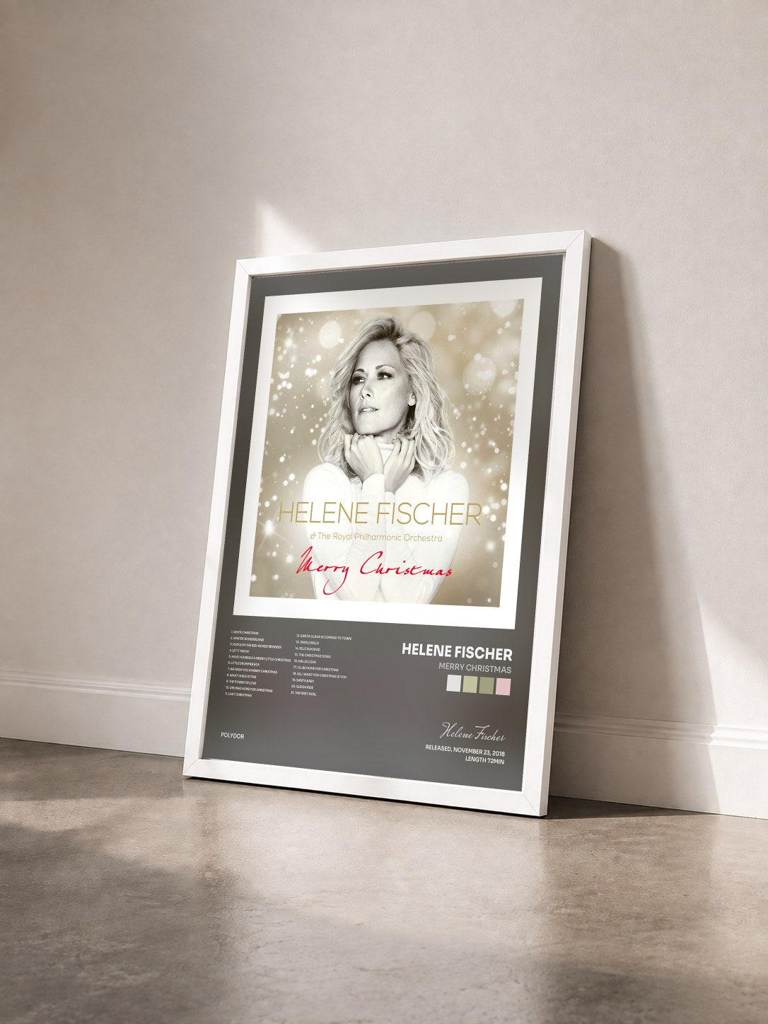 #blanc Tableau de l'album Merry Christmas de Helene Fischer vu de trois quarts, cadre blanc