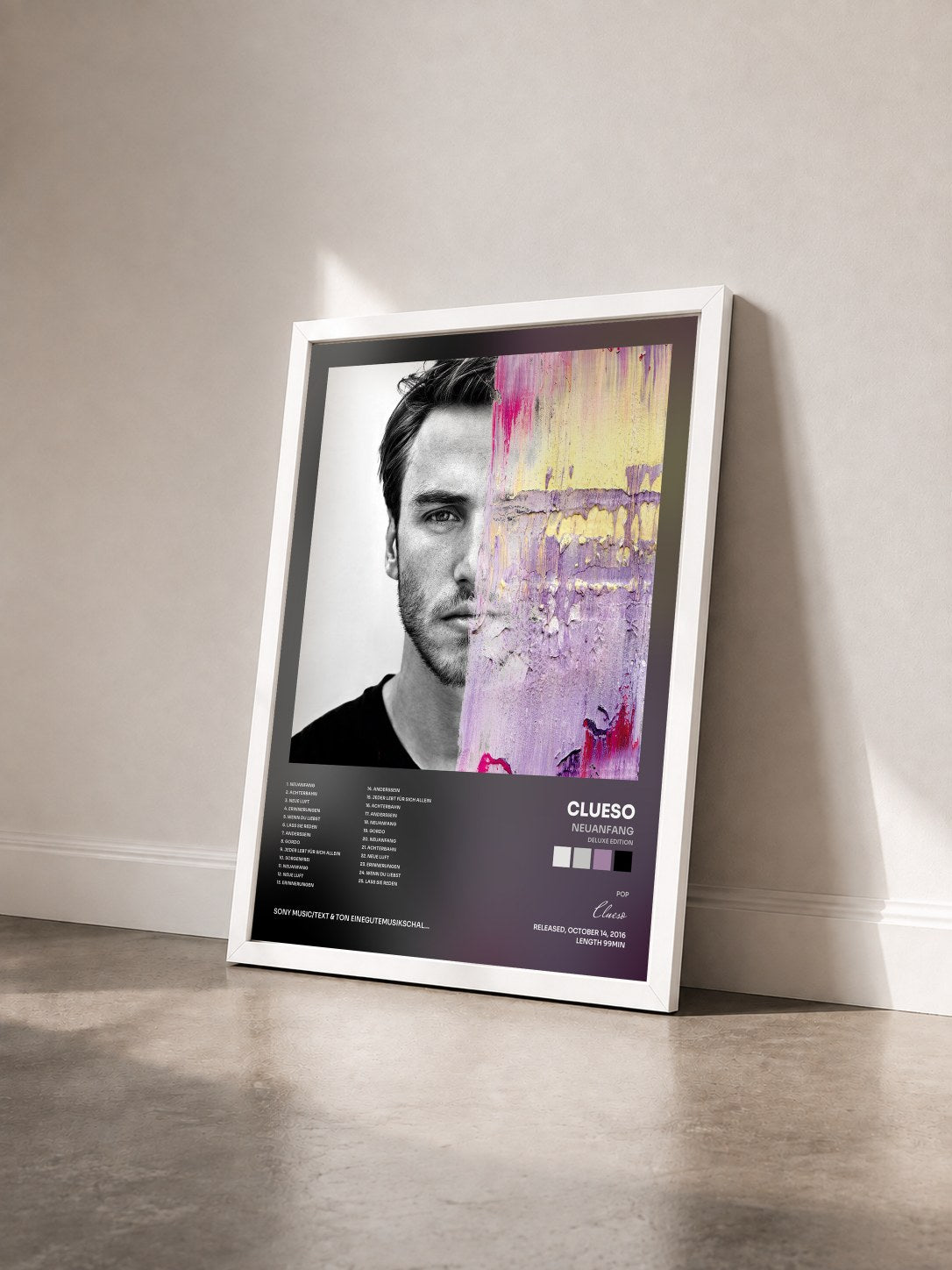 #blanc Tableau de l'album Neuanfang (Deluxe Edition) de Clueso vu de trois quarts, cadre blanc