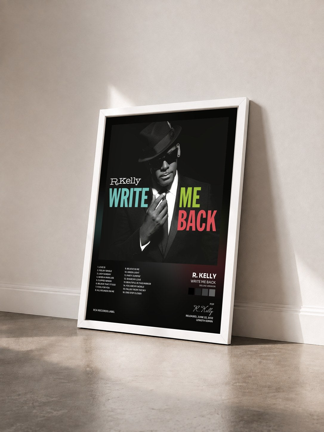 #blanc Tableau de l'album Write Me Back (Deluxe Version) de R. Kelly vu de trois quarts, cadre blanc