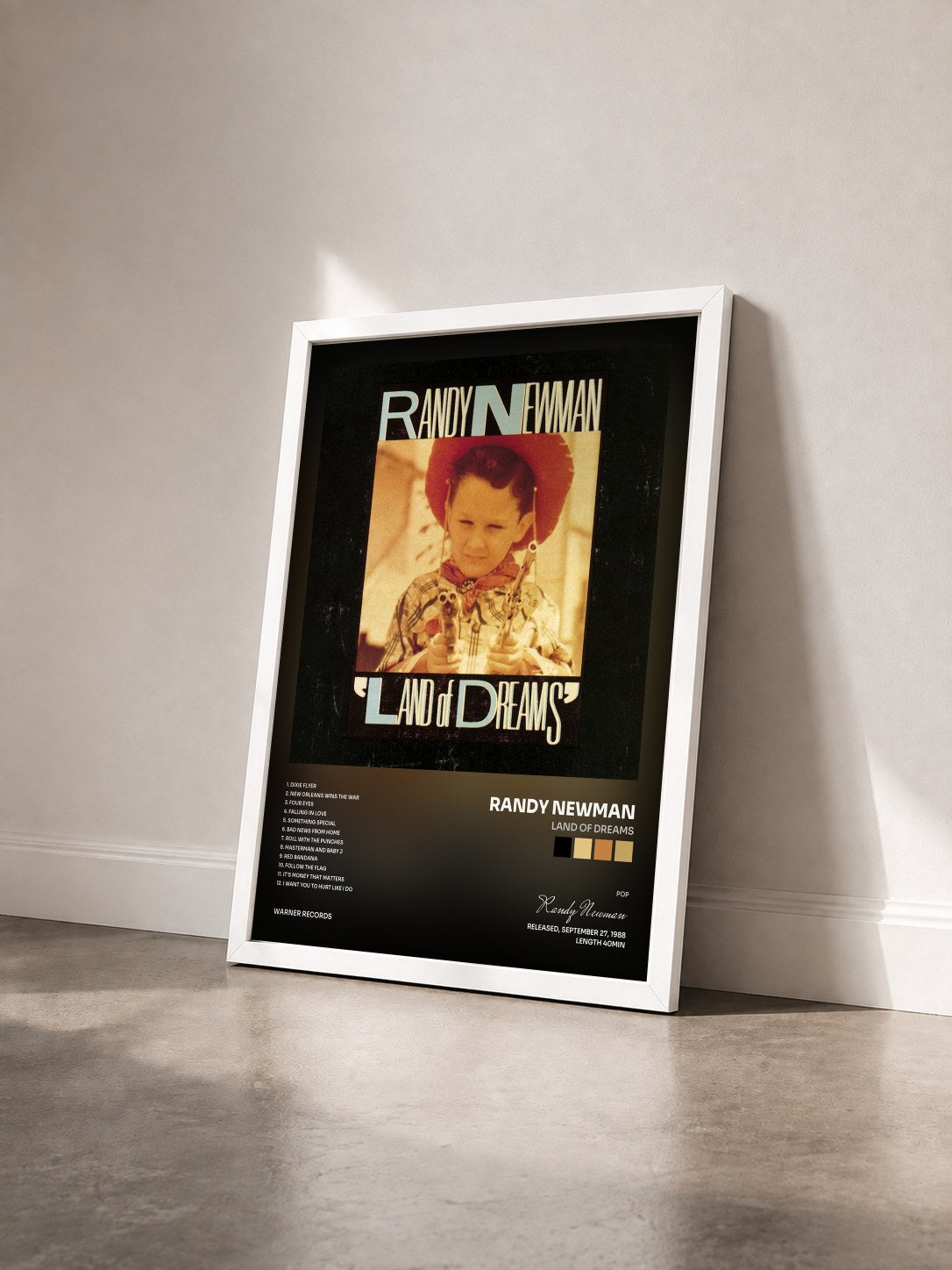 #blanc Tableau de l'album Land of Dreams de Randy Newman vu de trois quarts, cadre blanc