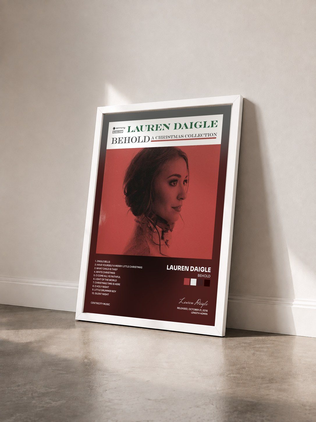 #blanc Tableau de l'album Behold de Lauren Daigle vu de trois quarts, cadre blanc