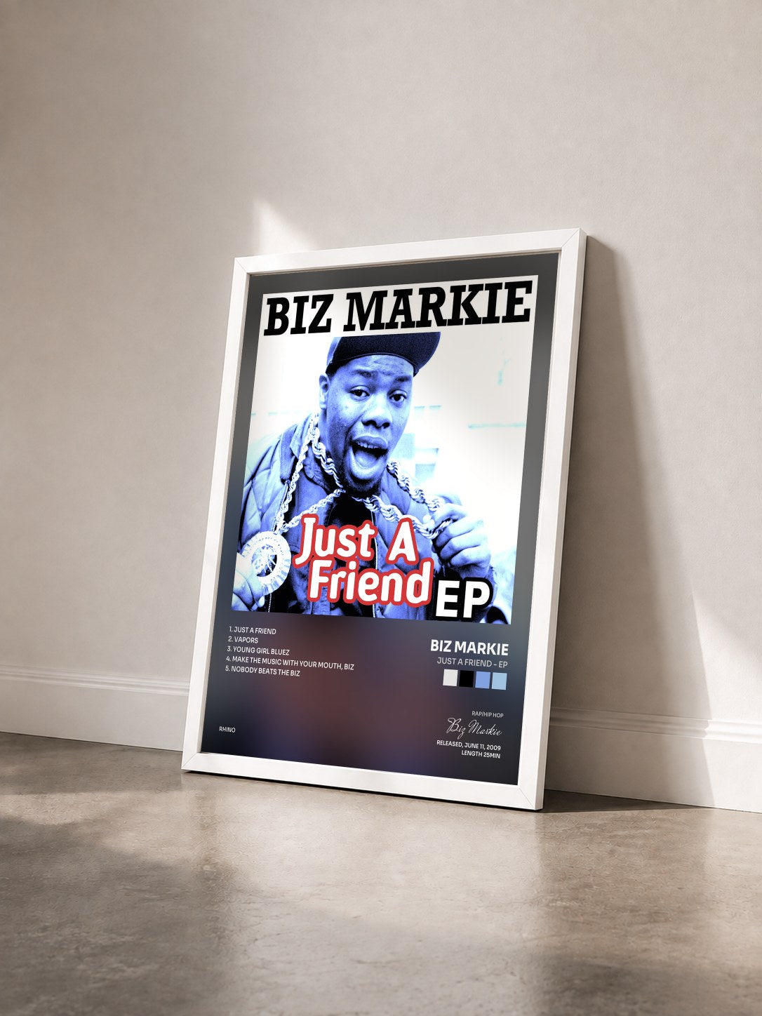 #blanc Tableau de l'album Just a Friend - EP de Biz Markie vu de trois quarts, cadre blanc
