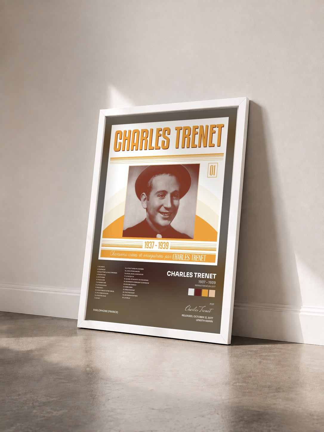#blanc Tableau de l'album 1937 - 1939 (Remasterisé en 2017) de Charles Trenet vu de trois quarts, cadre blanc