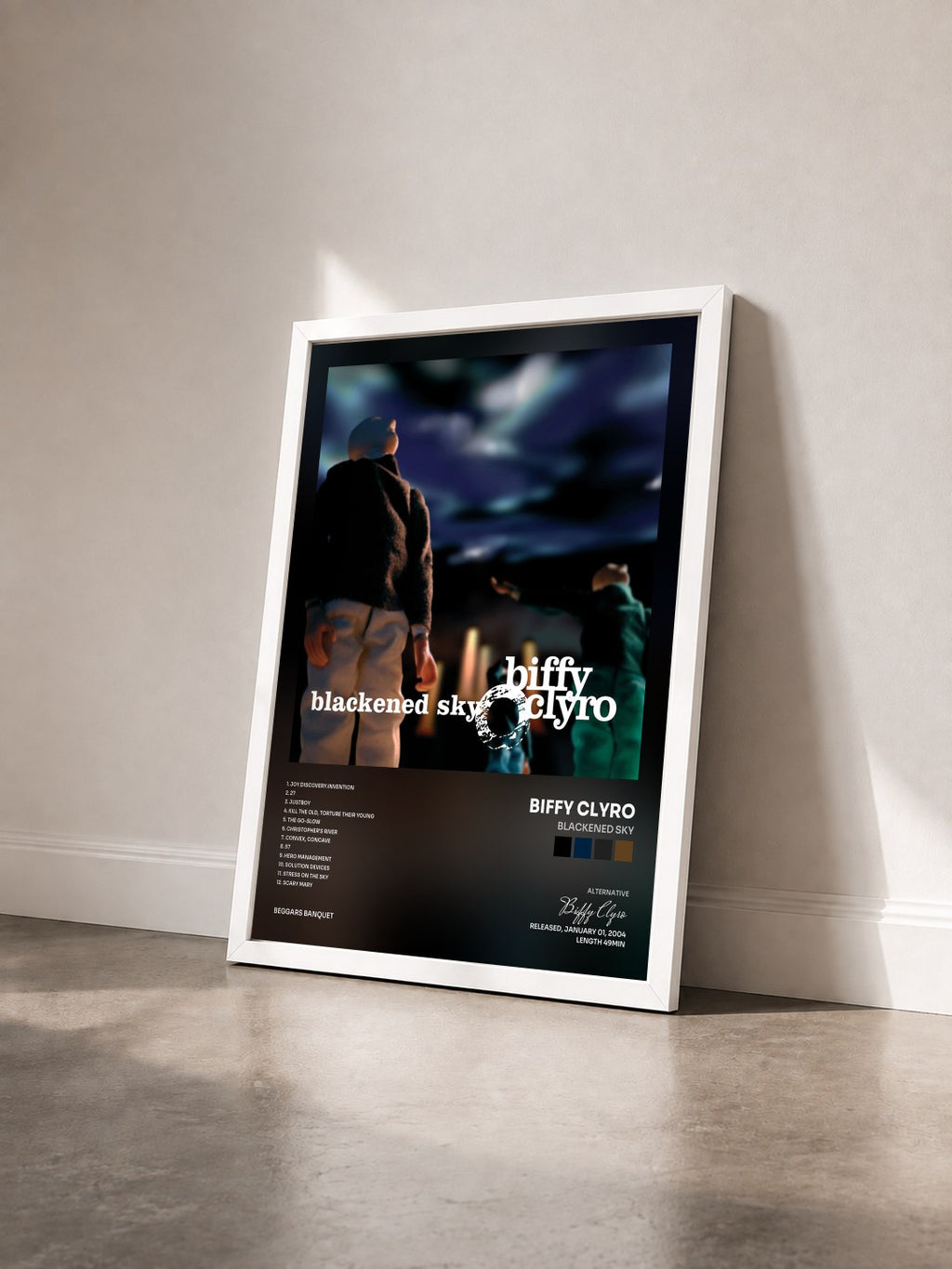 #blanc Tableau de l'album Blackened Sky de Biffy Clyro vu de trois quarts, cadre blanc