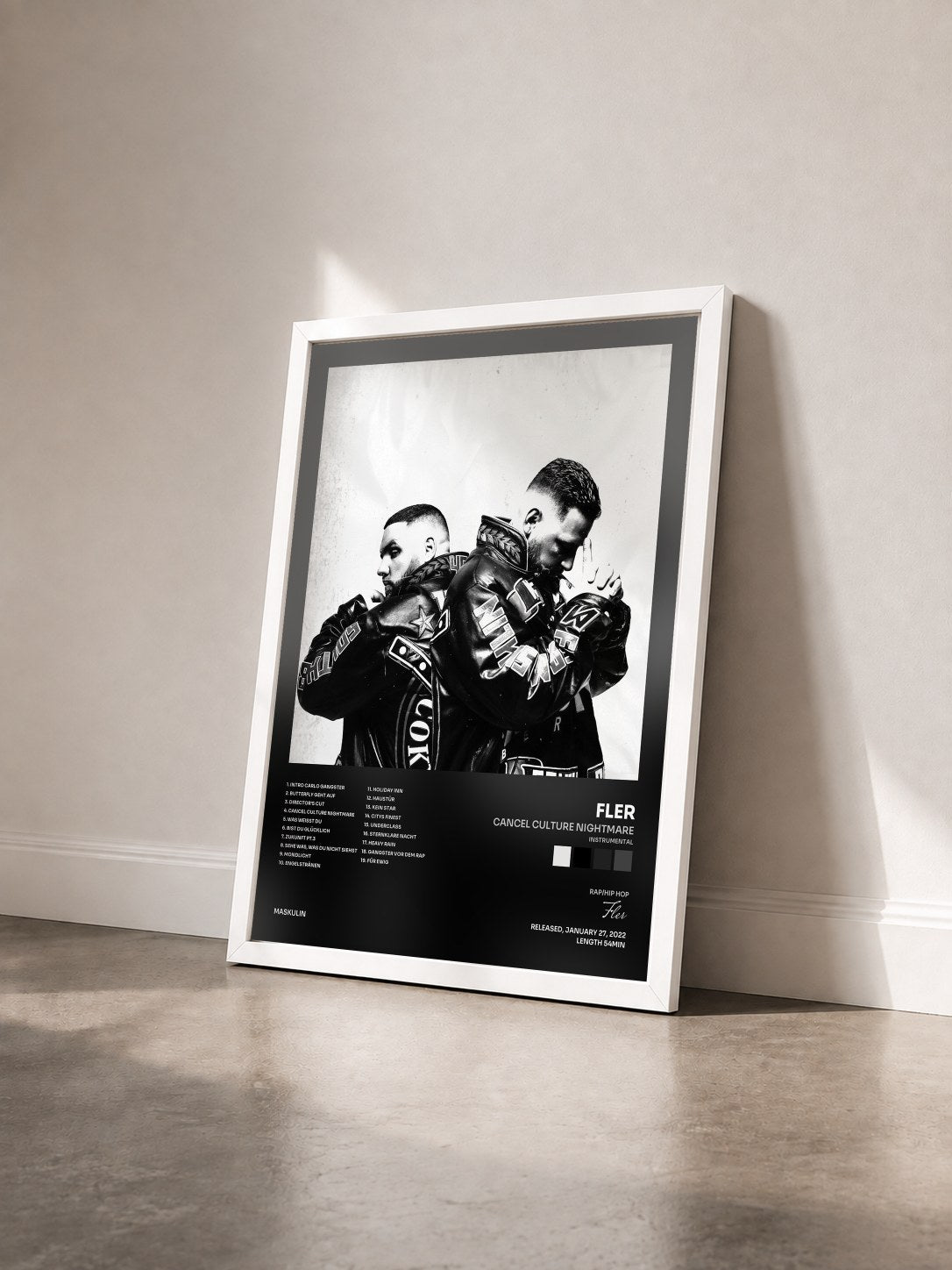 #blanc Tableau de l'album CANCEL CULTURE NIGHTMARE (INSTRUMENTAL) de Fler vu de trois quarts, cadre blanc