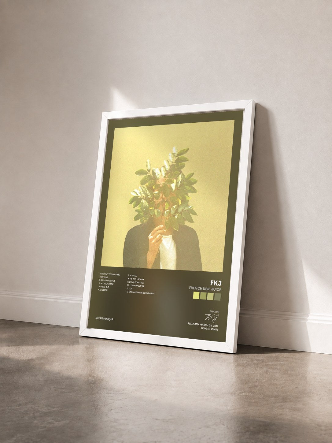 #blanc Tableau de l'album French Kiwi Juice de FKJ vu de trois quarts, cadre blanc