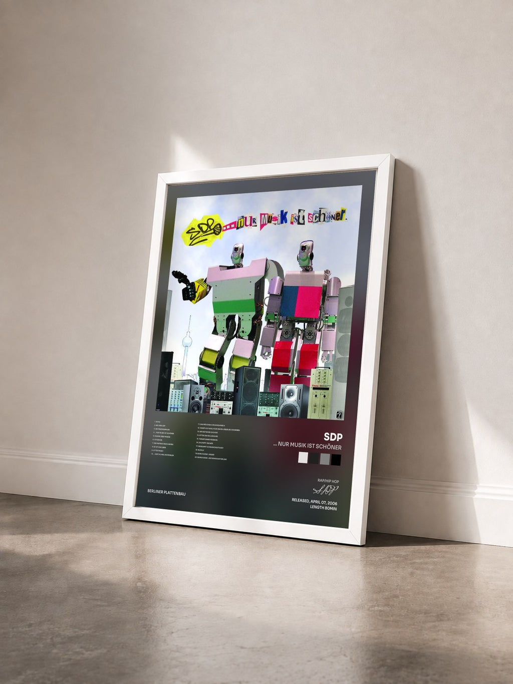 #blanc ... Nur Musik ist schöner by SDP as a framed art print seen at an angle, white frame