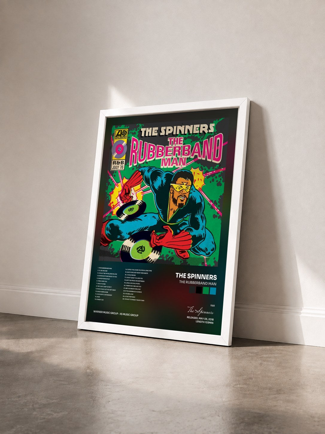 #blanc Tableau de l'album The Rubberband Man de The Spinners vu de trois quarts, cadre blanc