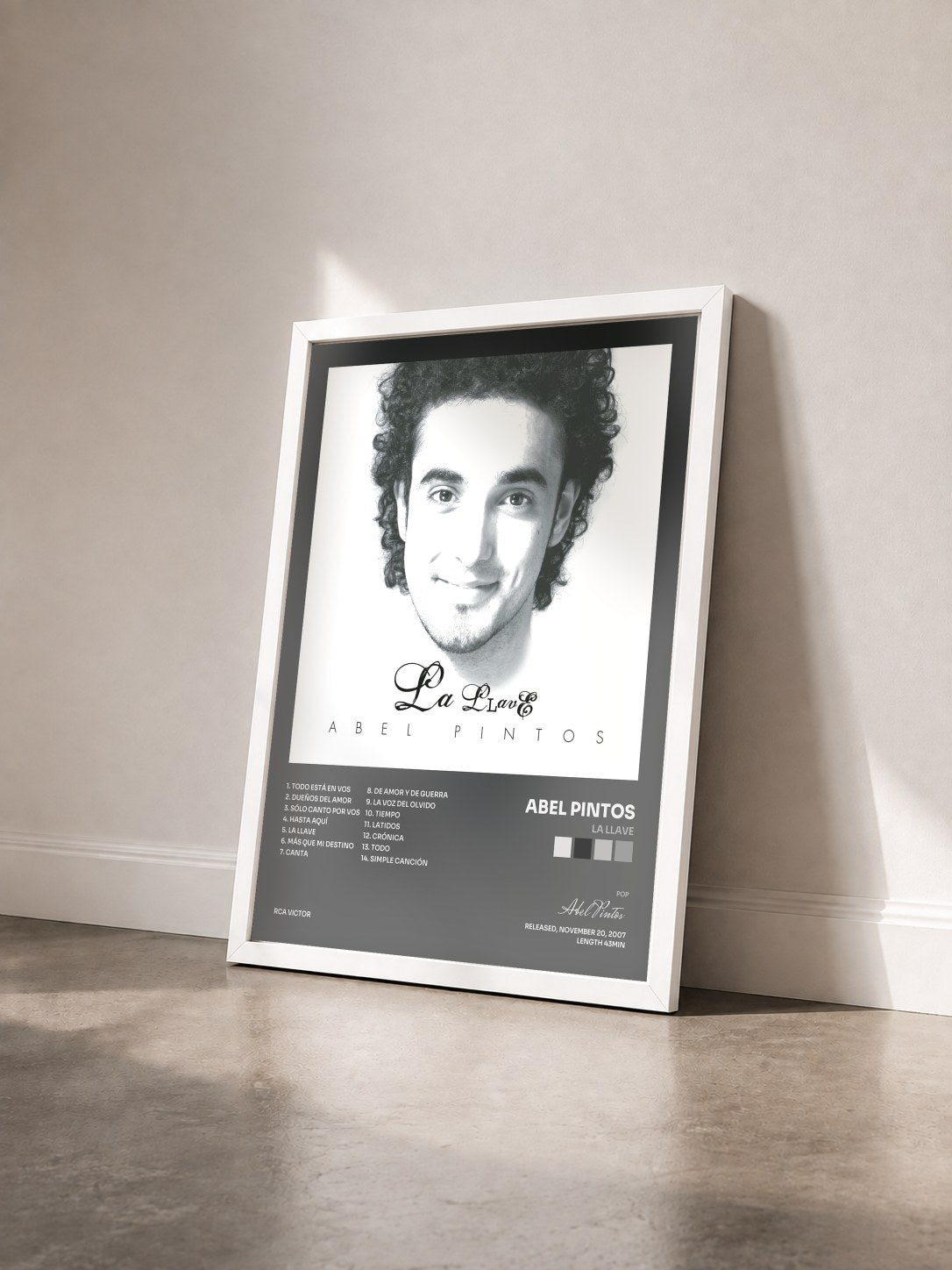 #blanc Tableau de l'album La Llave de Abel Pintos vu de trois quarts, cadre blanc