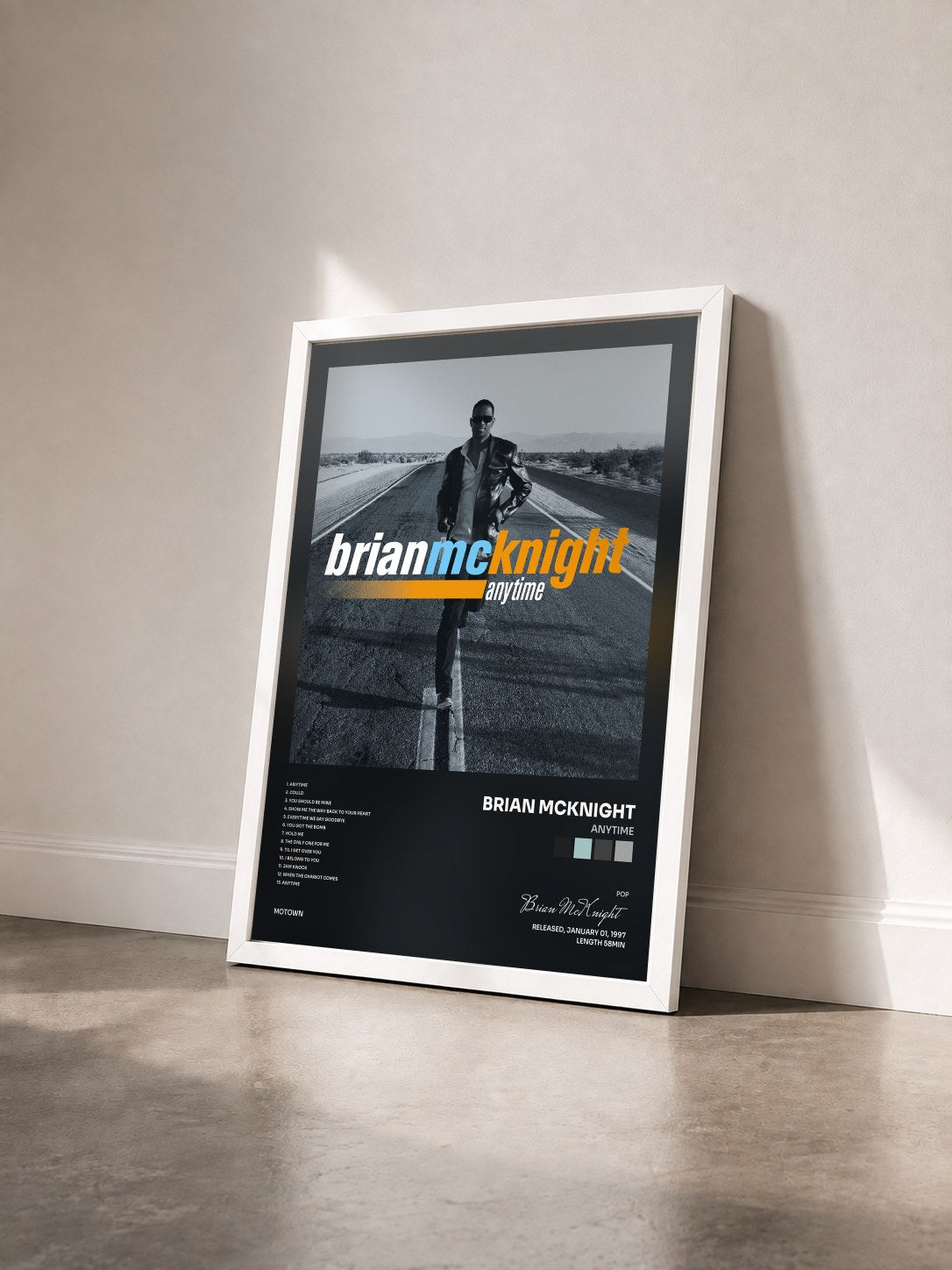 #blanc Tableau de l'album Anytime de Brian McKnight vu de trois quarts, cadre blanc