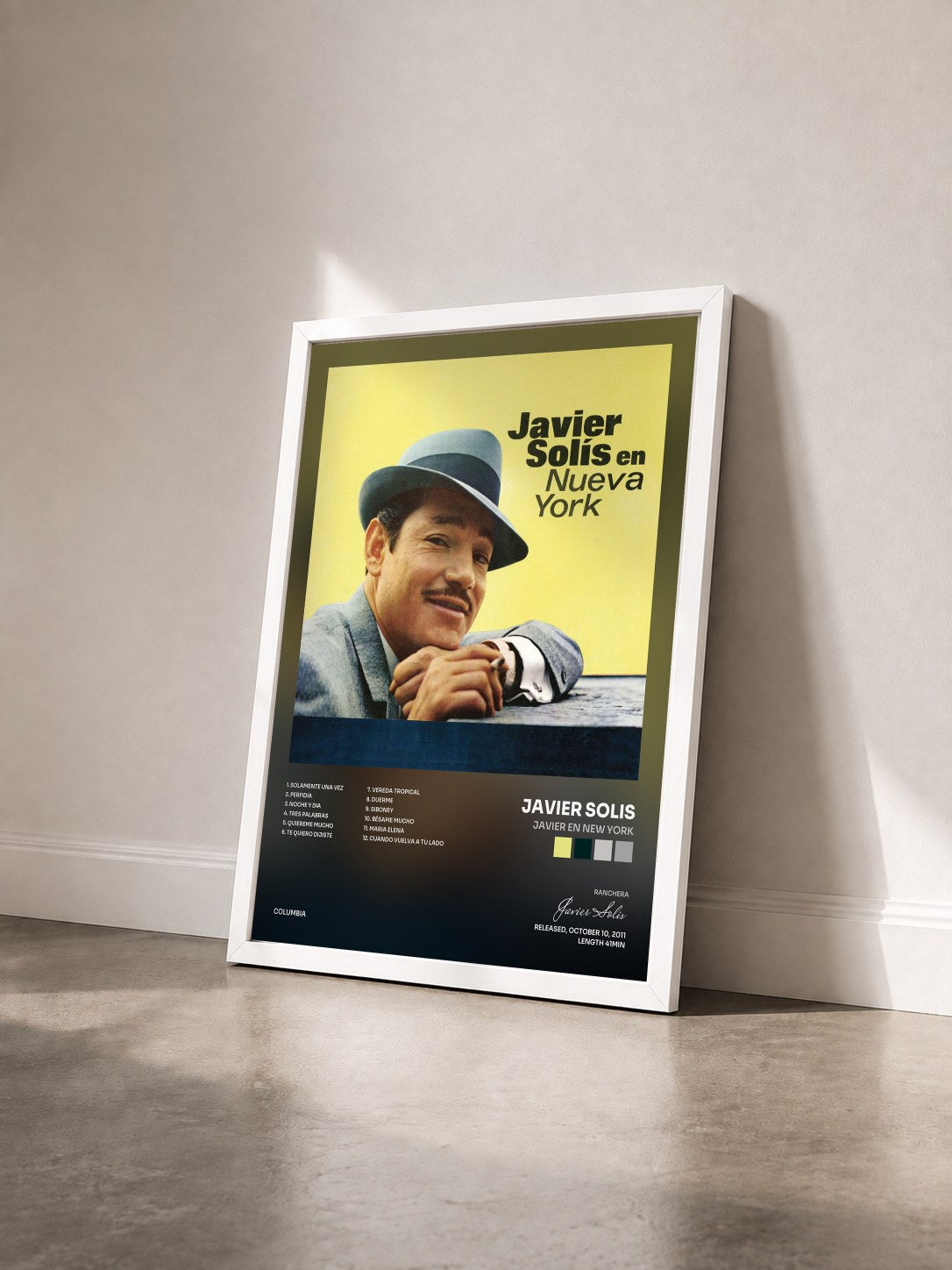 #blanc Tableau de l'album Javier En New York de Javier Solis vu de trois quarts, cadre blanc
