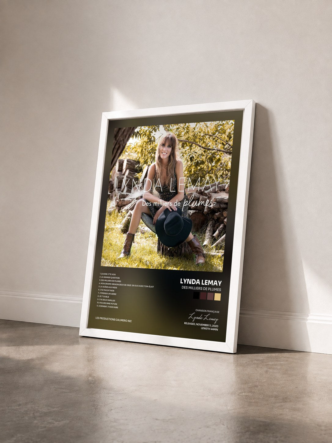 #blanc Tableau de l'album Des milliers de plumes de Lynda Lemay vu de trois quarts, cadre blanc