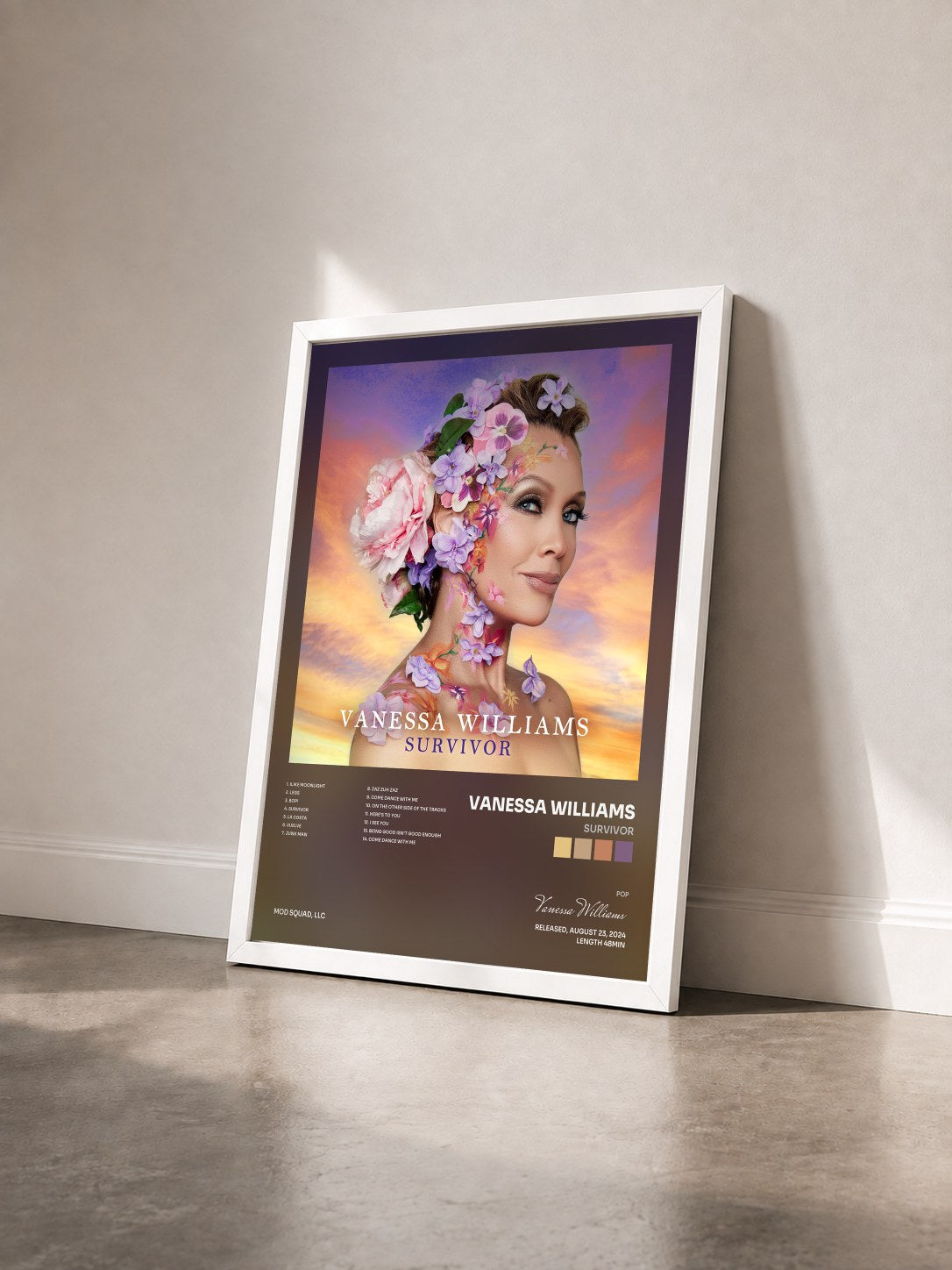#blanc Tableau de l'album Survivor de Vanessa Williams vu de trois quarts, cadre blanc