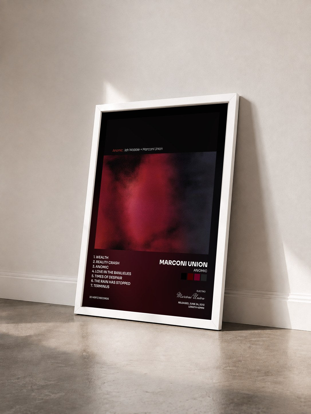 #blanc Tableau de l'album Anomic de Marconi Union vu de trois quarts, cadre blanc