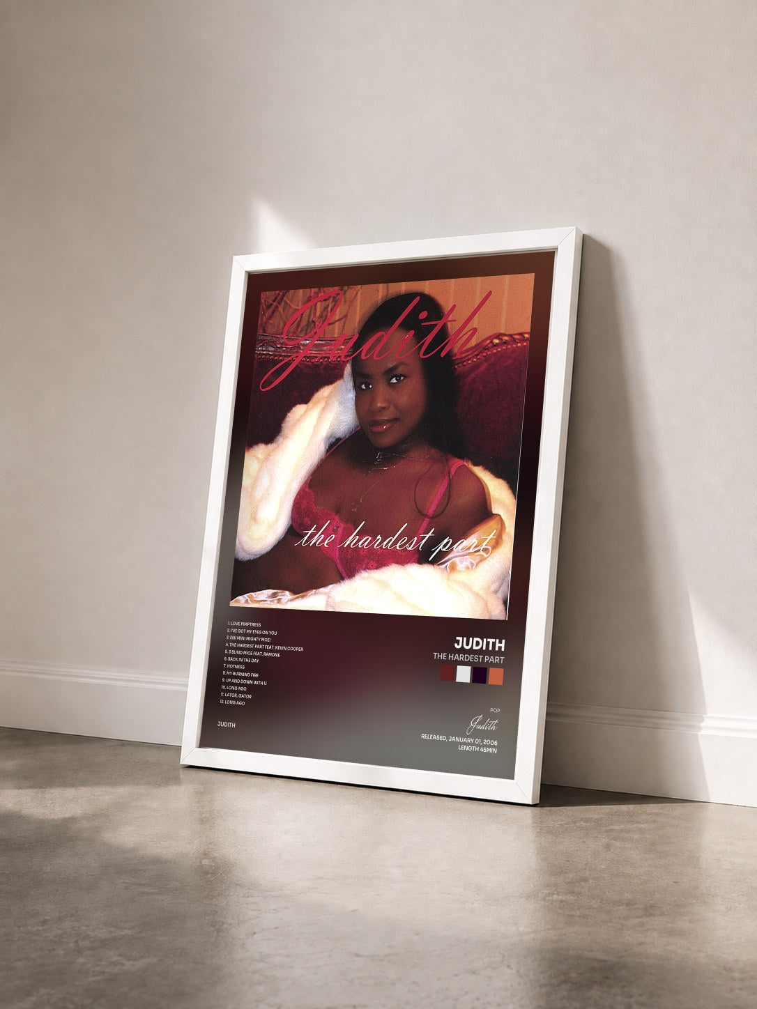 #blanc Tableau de l'album The Hardest Part de Judith vu de trois quarts, cadre blanc