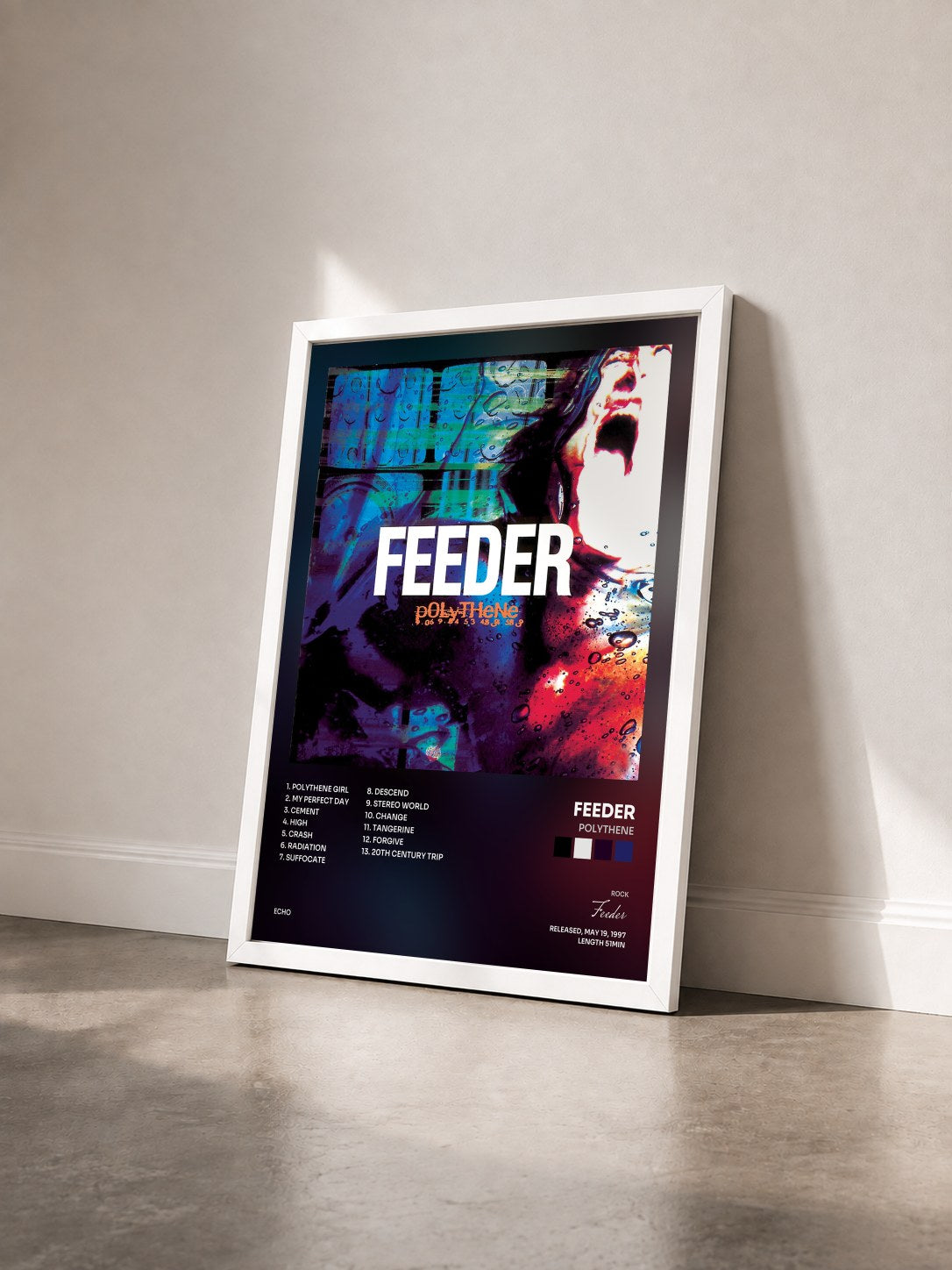 #blanc Tableau de l'album Polythene de Feeder vu de trois quarts, cadre blanc