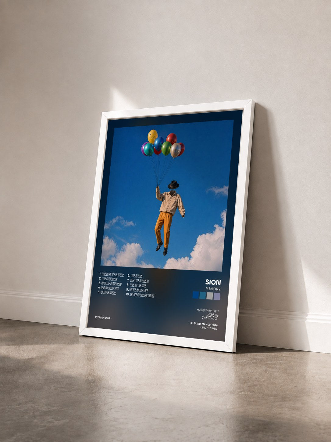 #blanc Tableau de l'album Memory de SION vu de trois quarts, cadre blanc