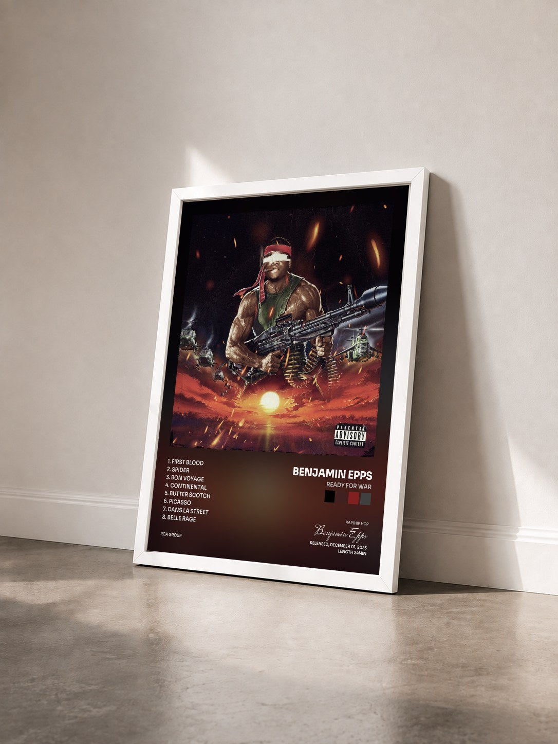 #blanc Tableau de l'album READY FOR WAR de Benjamin Epps vu de trois quarts, cadre blanc
