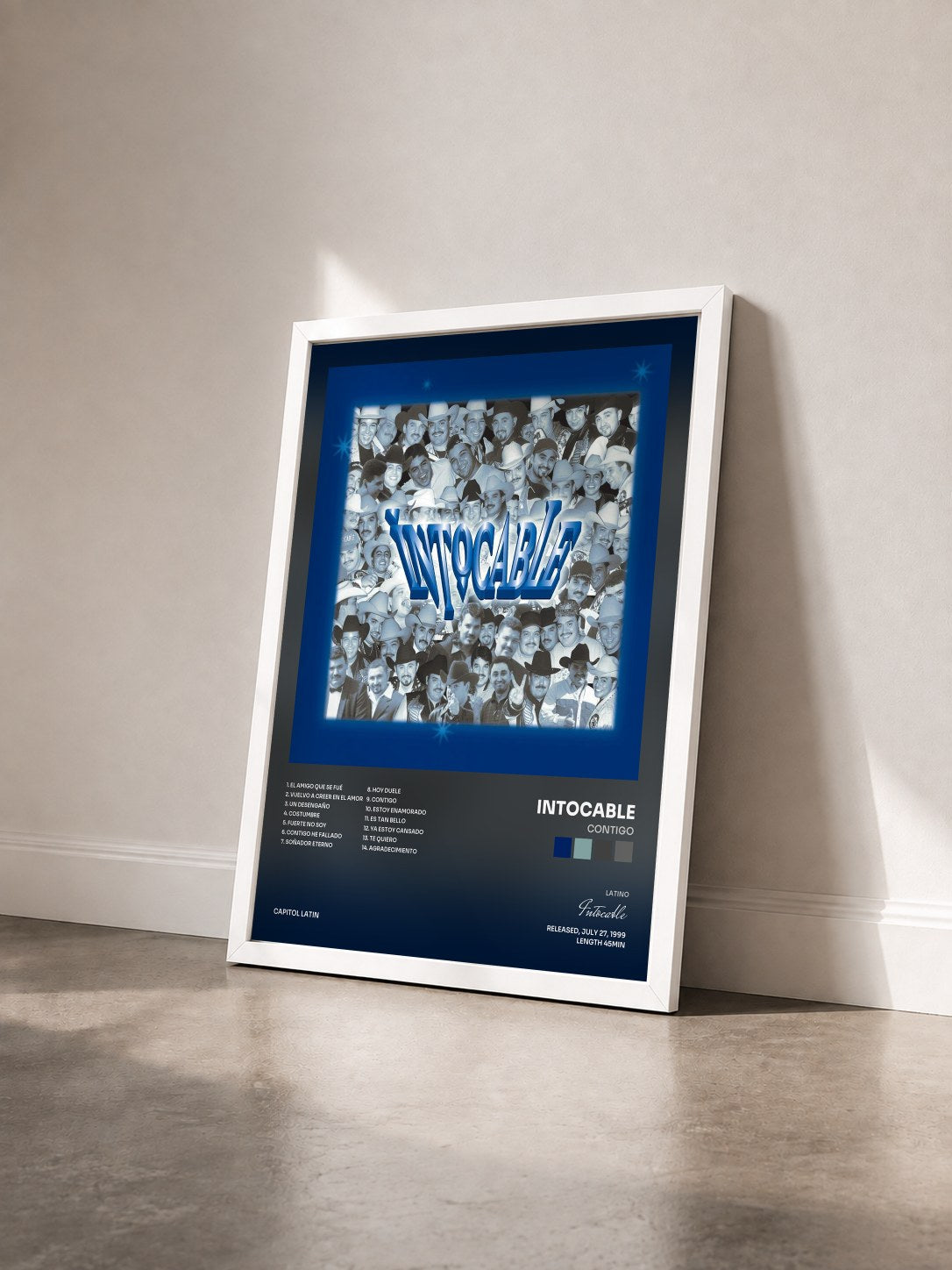 #blanc Tableau de l'album Contigo de Intocable vu de trois quarts, cadre blanc