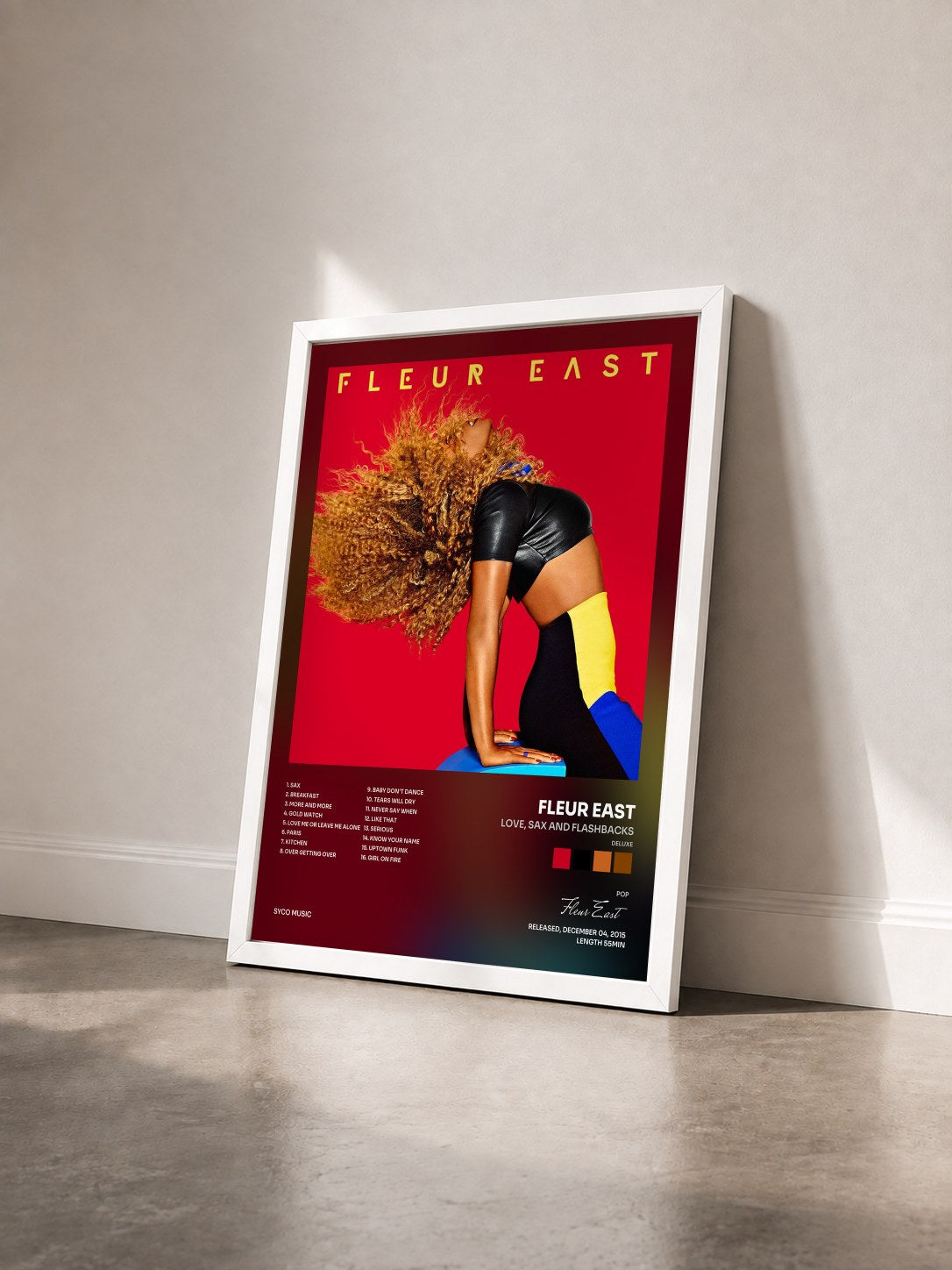 #blanc Tableau de l'album Love, Sax and Flashbacks (Deluxe) de Fleur East vu de trois quarts, cadre blanc