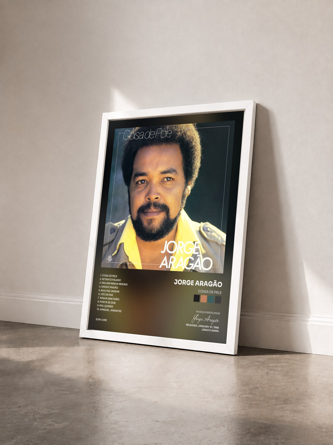 #blanc Tableau de l'album Coisa de Pele de Jorge Aragão vu de trois quarts, cadre blanc