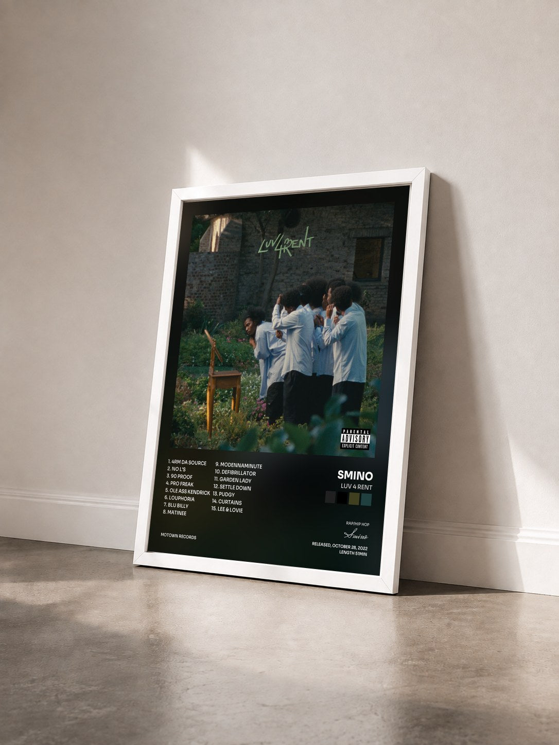 #blanc Tableau de l'album Luv 4 Rent de Smino vu de trois quarts, cadre blanc
