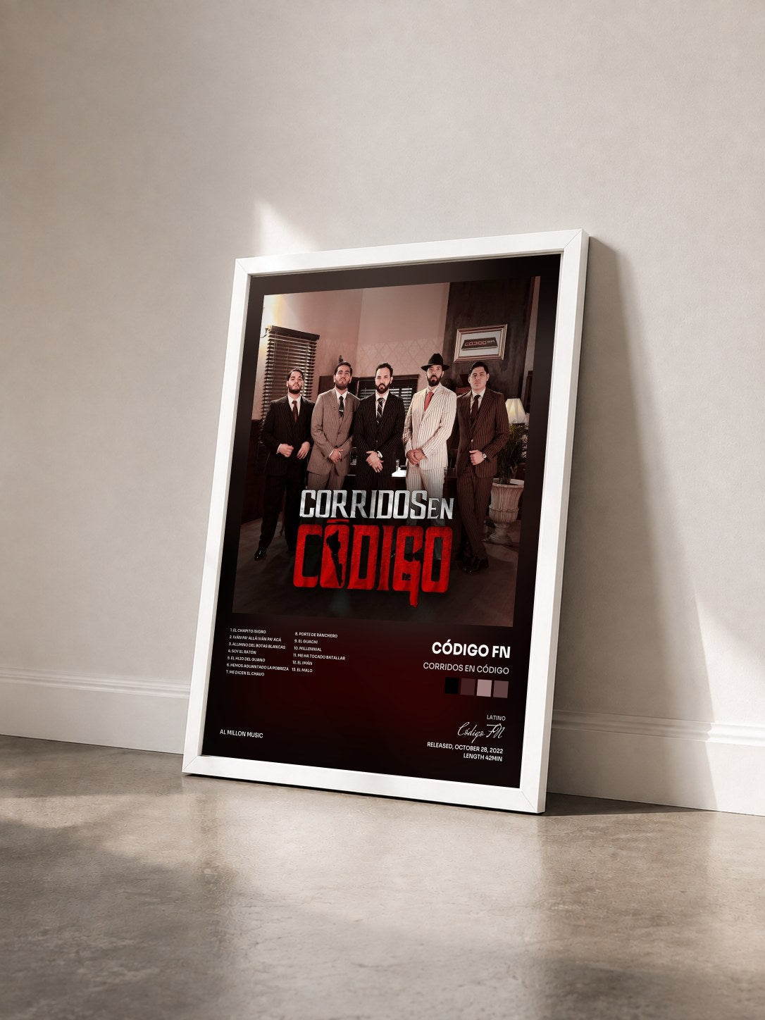 #blanc Tableau de l'album Corridos En Código de Código FN vu de trois quarts, cadre blanc