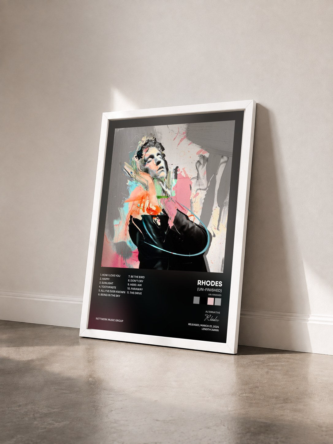 #blanc Tableau de l'album (un-finished) de Rhodes vu de trois quarts, cadre blanc