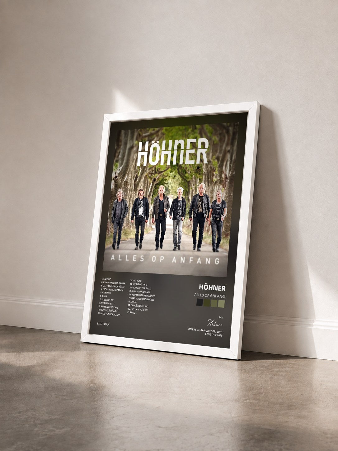 #blanc Tableau de l'album Alles op Anfang de Höhner vu de trois quarts, cadre blanc