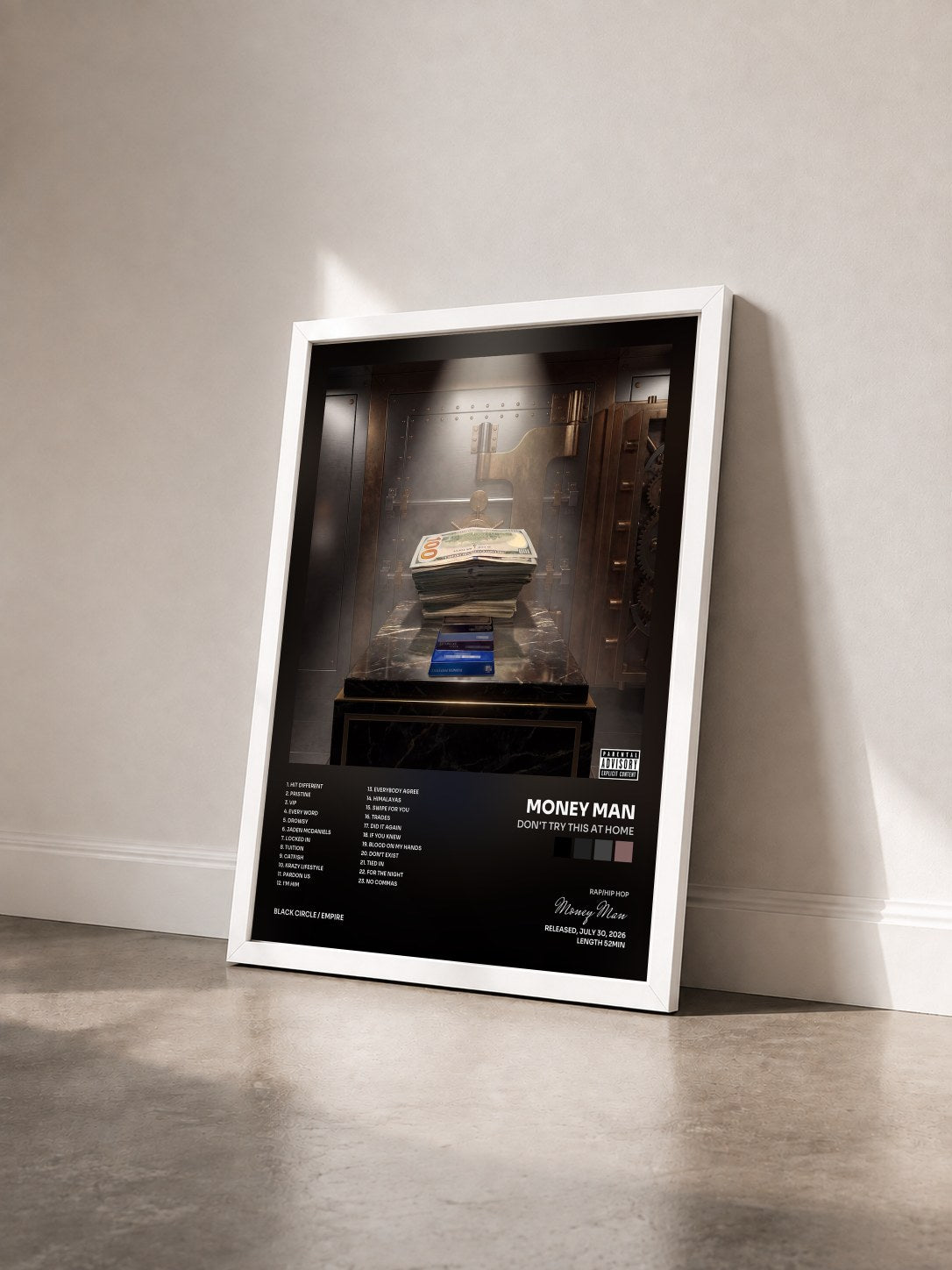 #blanc Tableau de l'album Don't Try This At Home de Money Man vu de trois quarts, cadre blanc