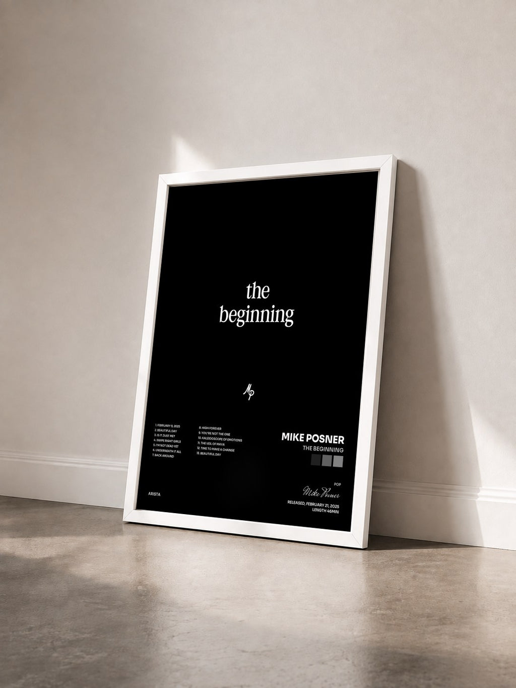 #blanc Tableau de l'album The Beginning de Mike Posner vu de trois quarts, cadre blanc