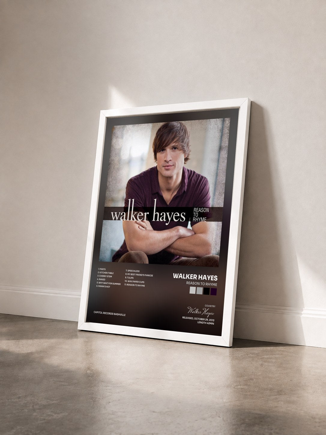 #blanc Tableau de l'album Reason To Rhyme de Walker Hayes vu de trois quarts, cadre blanc